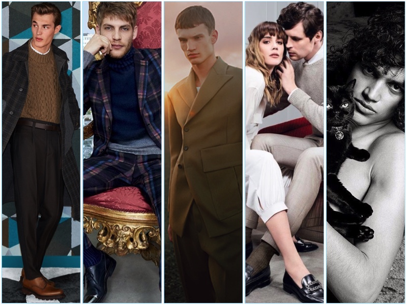 Men's fashion campaigns from Salvatore Ferragamo, Etro, Dirk Bikkembergs, Fratelli Rossetti, and Givenchy