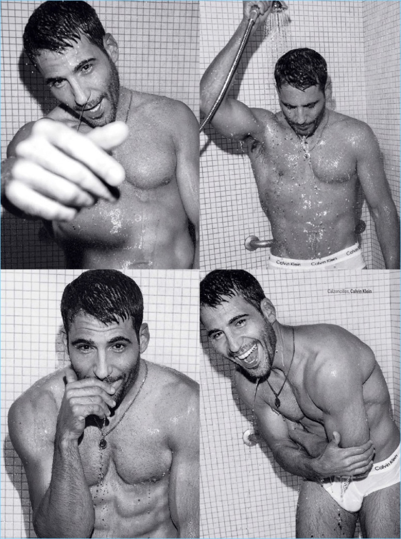 Taking a shower with GQ México, Miguel Ángel Silvestre wears Calvin Klein underwear.