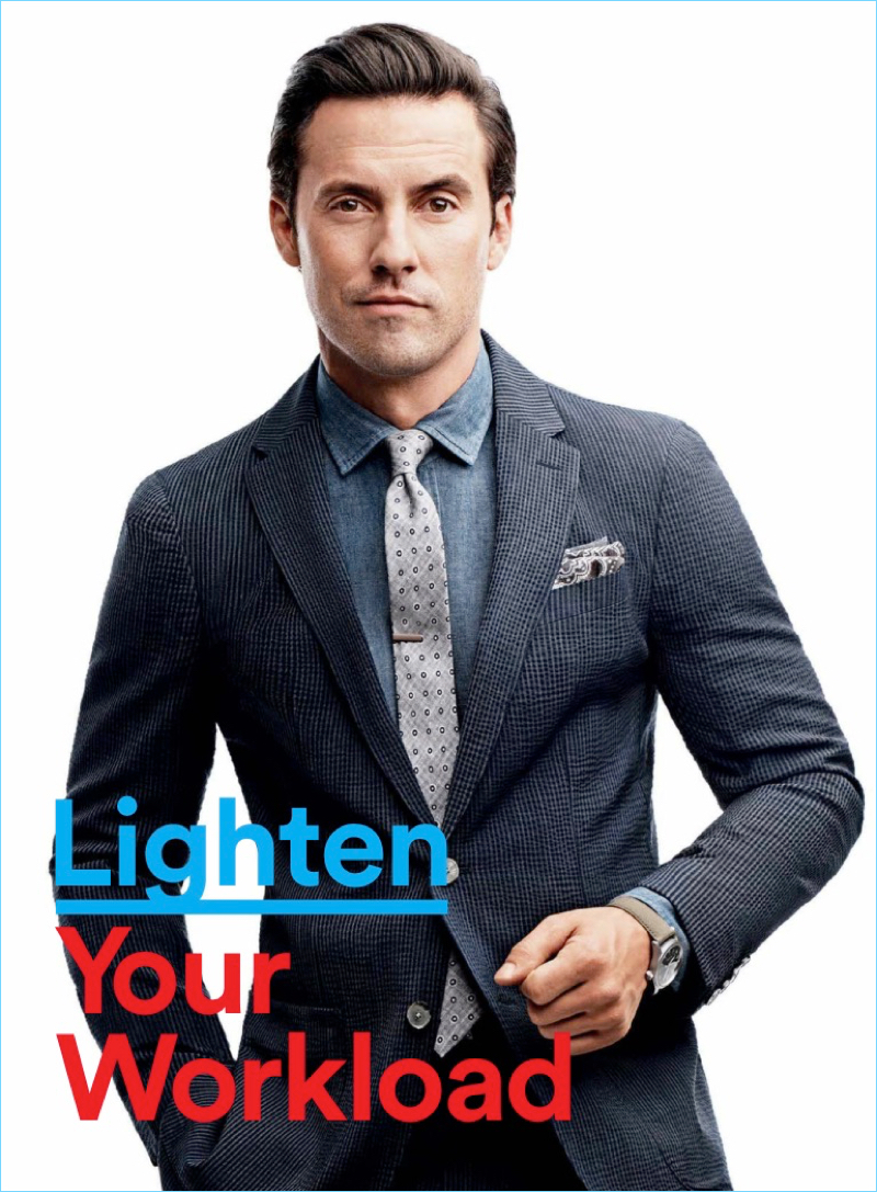 Suiting up for GQ, Milo Ventimiglia wears a Hilfiger Edition suit with a Salvatore Piccolo shirt. He also sports a Thomas Mason tie and pocket square with Hamilton watch.