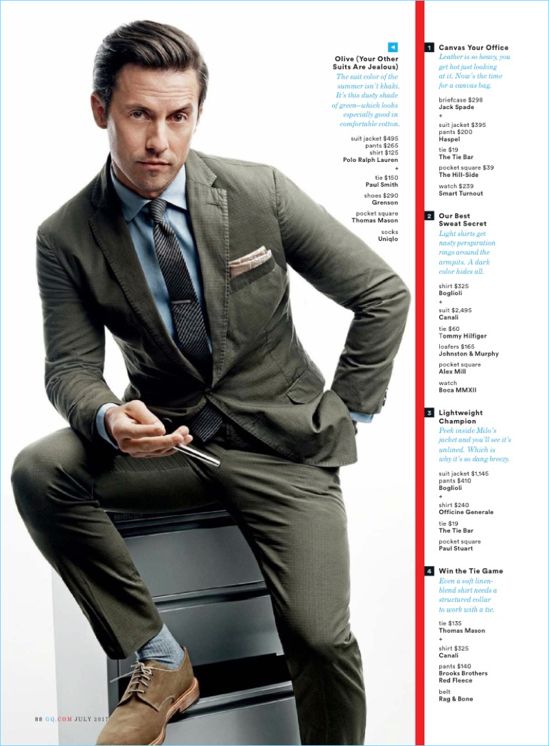 Actor Milo Ventimiglia sports a suit jacket, pants, and shirt by POLO Ralph Lauren with a Paul Smith tie. He also wears Grenson shoes and a Thomas Mason pocket square.