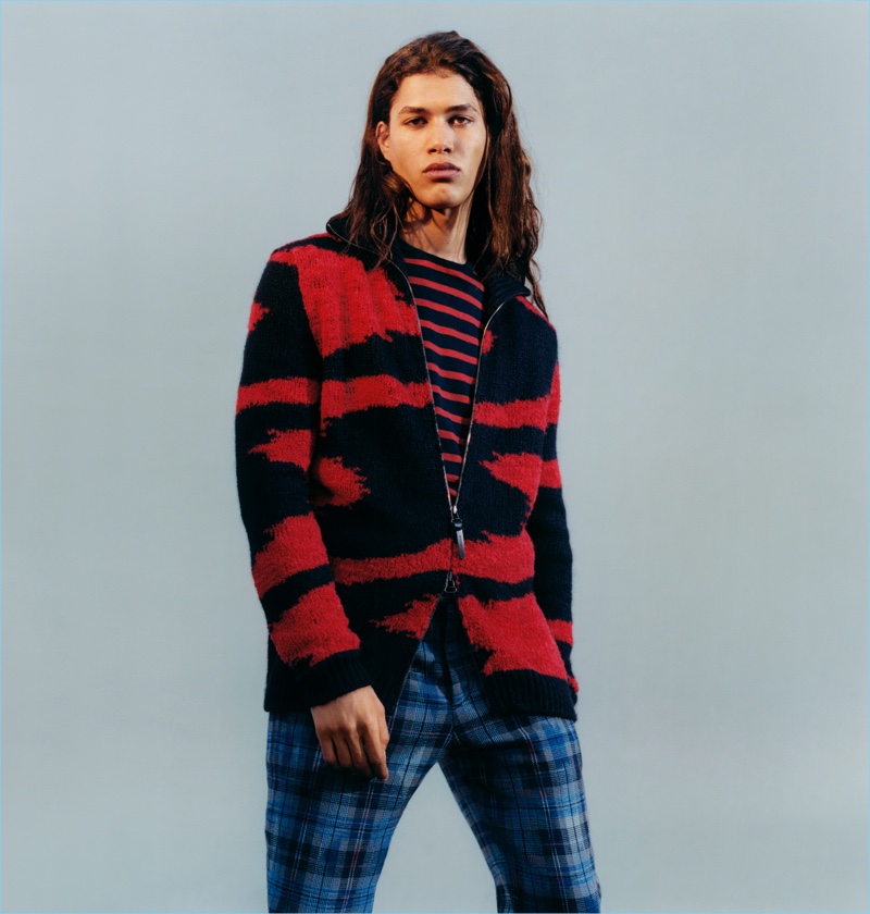 Sporting graphic red and black fashions, Jordan Legessa fronts Missoni's fall-winter 2017 campaign.