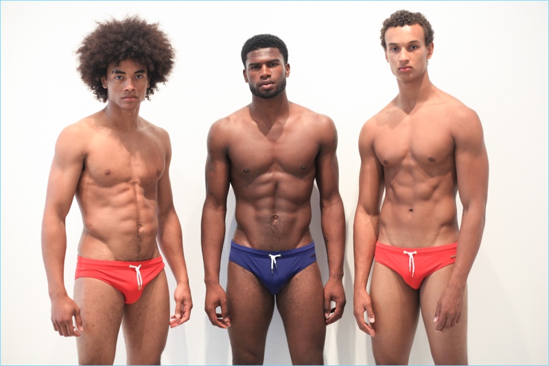 Kawan, Broderick Hunter, and Drayton Ratcliff pose in swimwear at Parke & Ronen's spring-summer 2018 casting.