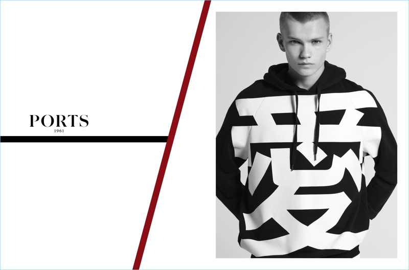 Model Jordy Gerritsma wears a graphic hoodie for Ports 1961's fall-winter 2017 campaign.