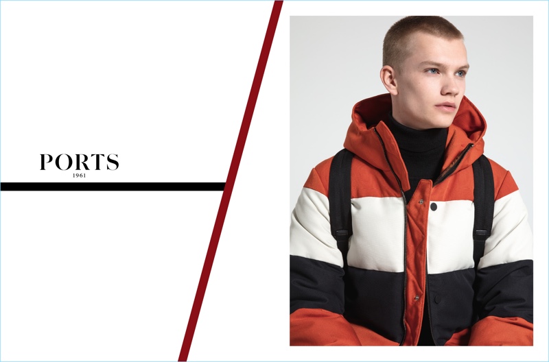 Jordy Gerritsma sports a color blocked puffer jacket for Ports 1961's fall-winter 2017 campaign.