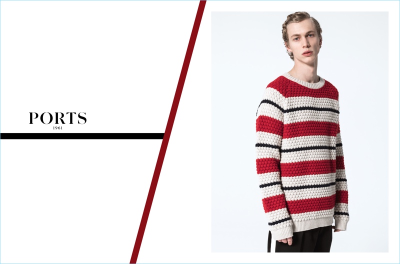Robbi G. rocks a red striped sweater for Ports 1961's fall-winter 2017 campaign.