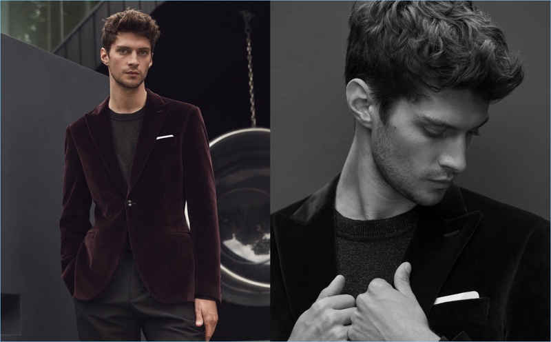 Wearing the classic velvet blazer, Matthew Bell stars in a style shoot for Reiss.