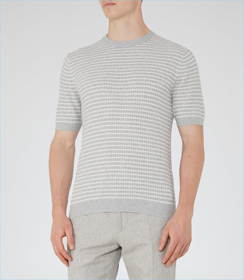 Reiss Short-Sleeved Grey Knit T-Shirt $155 Create a chic layered look with this Reiss knit t-shirt as your base.