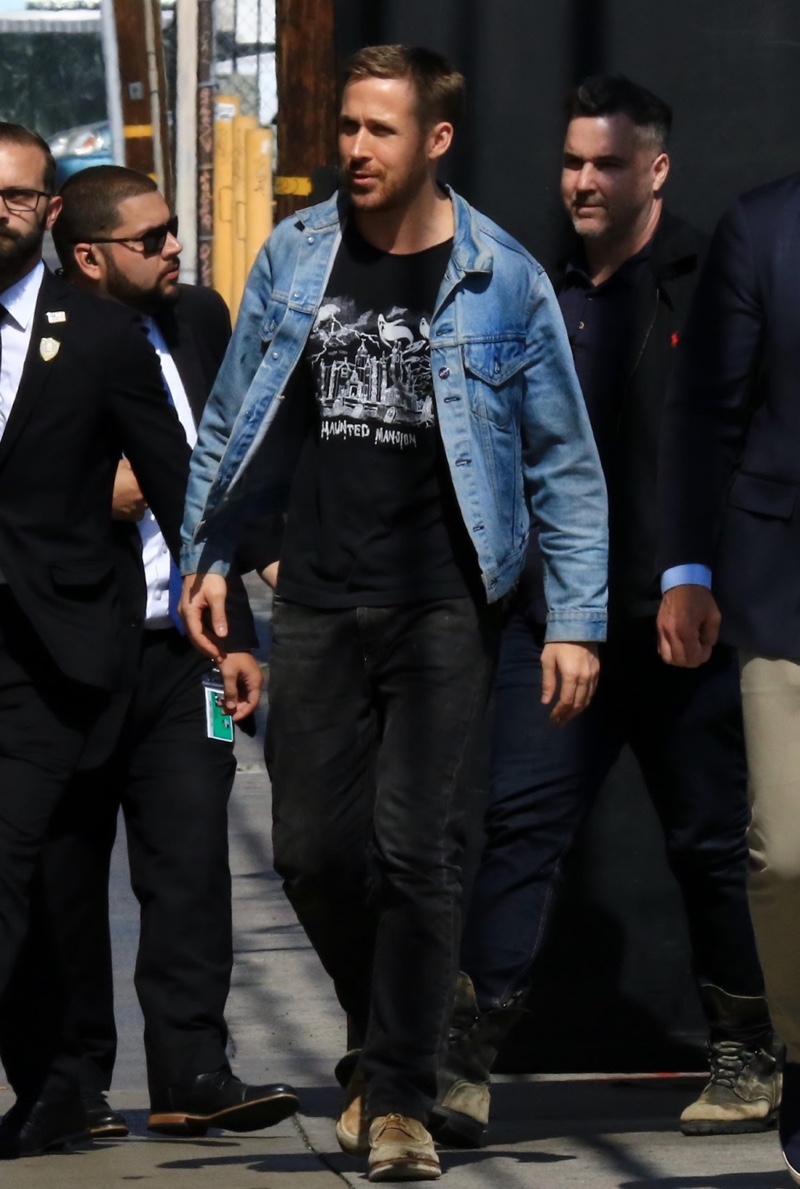 Ryan Gosling Denim Jacket Haunted Mansion T-shirt » 13 Denim Jacket Outfits for Men to Master the Classic Style Ryan Gosling Denim Jacket Haunted Mansion T-shirt