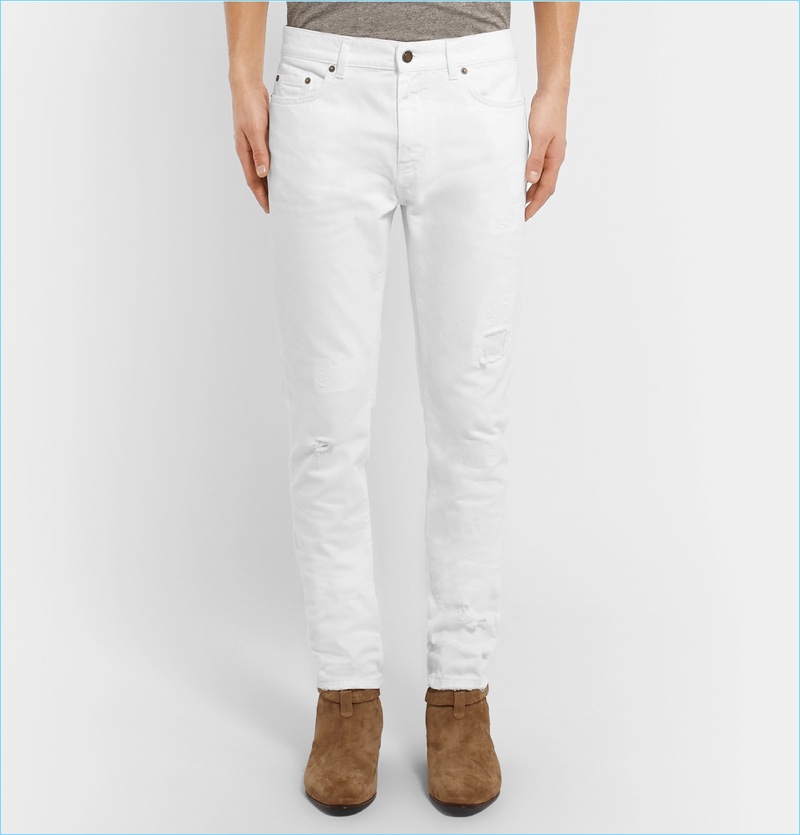 Saint Laurent Skinny-Fit 15cm Hem Distressed White Denim Jeans