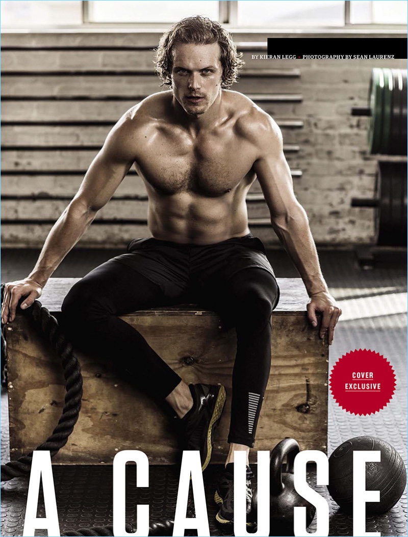 Going shirtless, Sam Heughan shares his ripped abs with Men's Health South Africa.