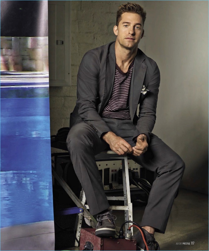 Starring in a photo shoot for Prestige Taiwan, Scott Speedman wears a top and suit by Hermès with Vince shoes.