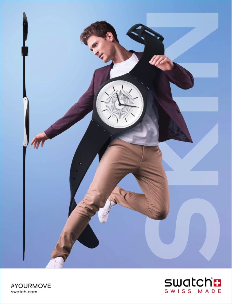 An advertising image featuring the Swatch SKIN watch.