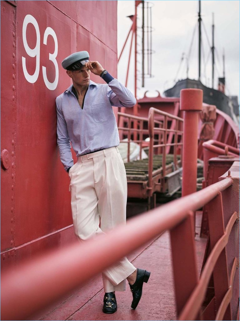 ERMENEGILDO ZEGNA shirt £640, scarf £140 and trousers from a selection; GUCCI hat £175 and shoes £1,050; MIANSAI bracelet (top) £69.95; TATEOSSIAN bracelet (bottom) £135