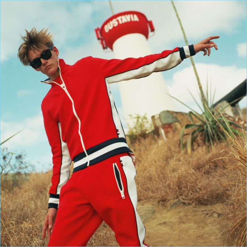 Presley Gerber rocks a Hilfiger Edition track jacket in cherry red $159.99.