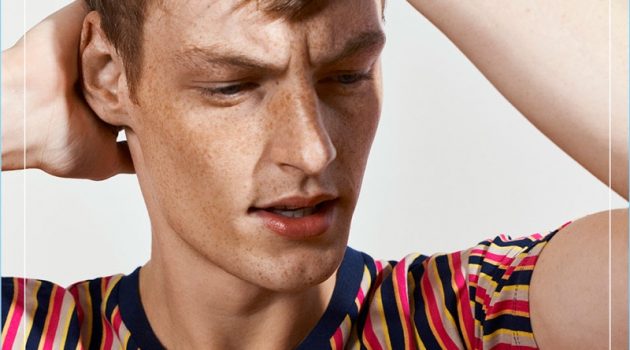 Front and center, Roberto Sipos models a striped t-shirt from Zara Man's Studio collection.