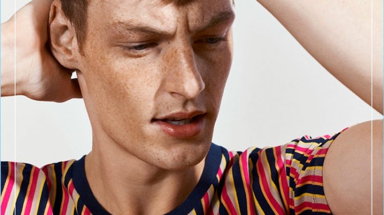 Front and center, Roberto Sipos models a striped t-shirt from Zara Man's Studio collection.
