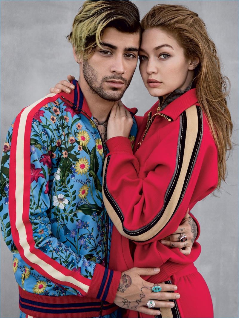 Posing with Gigi Hadid, Zayn Malik wears a Gucci track jacket and pants.