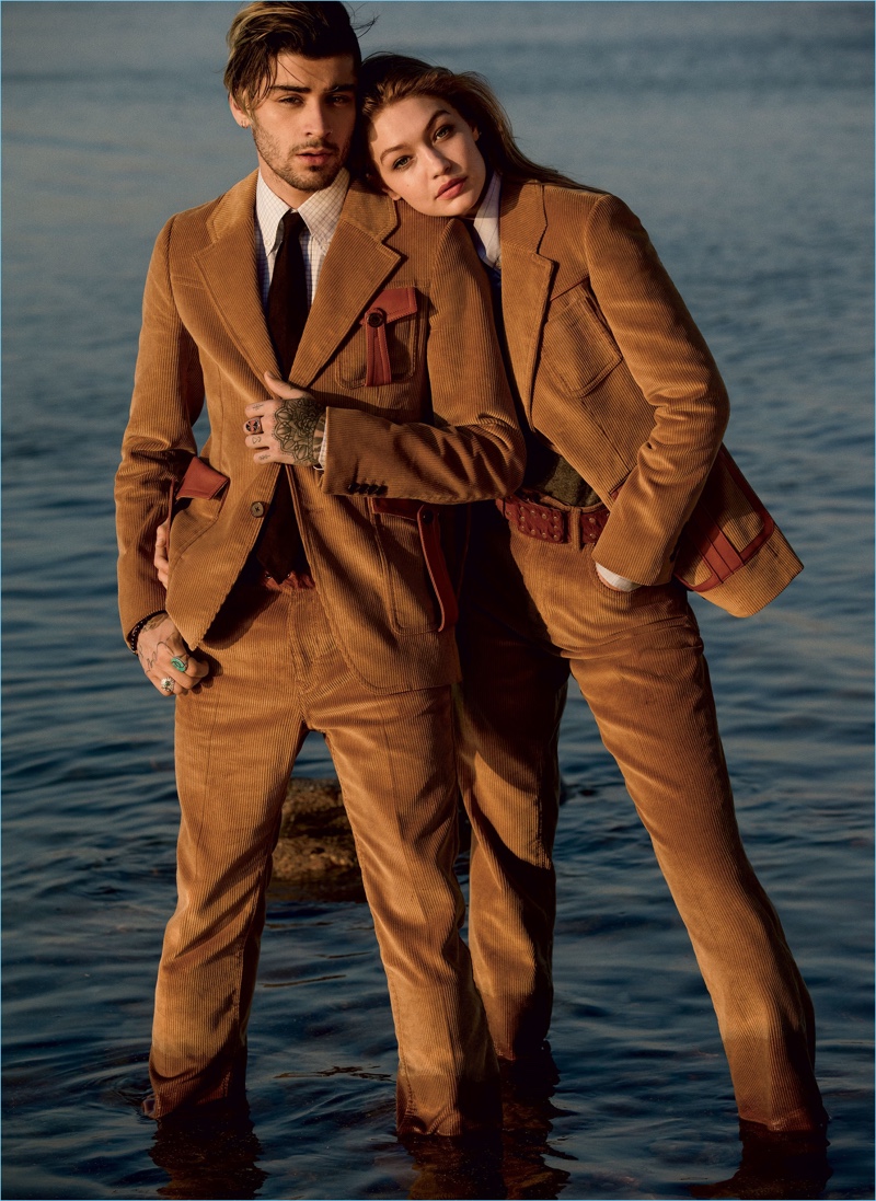 Couple Zayn Malik and Gigi Hadid wear brown corduroy looks from Prada for Vogue.