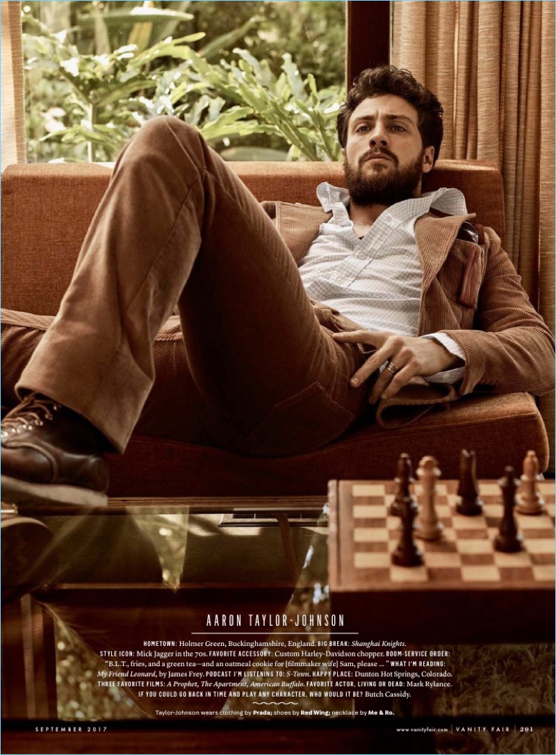 Aaron Taylor-Johnson relaxes in a Prada look with Red Wing boots.