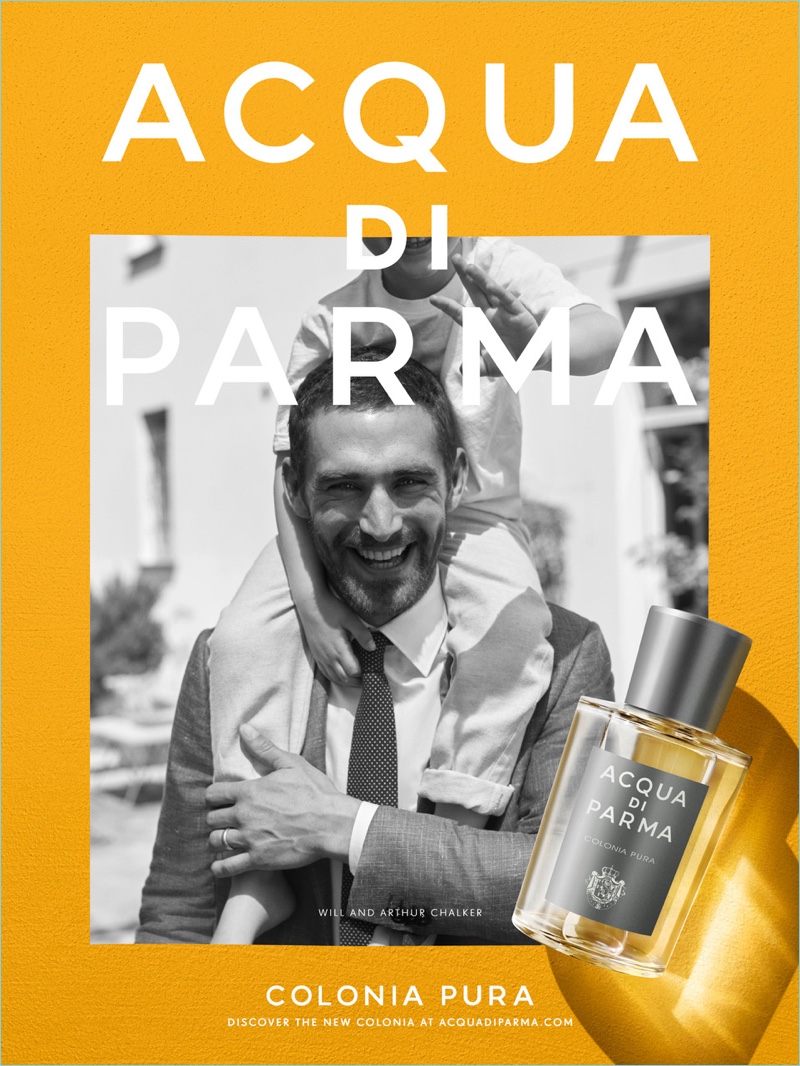 All smiles, Will Chalker fronts Acqua di Parma's campaign with his son Arthur.