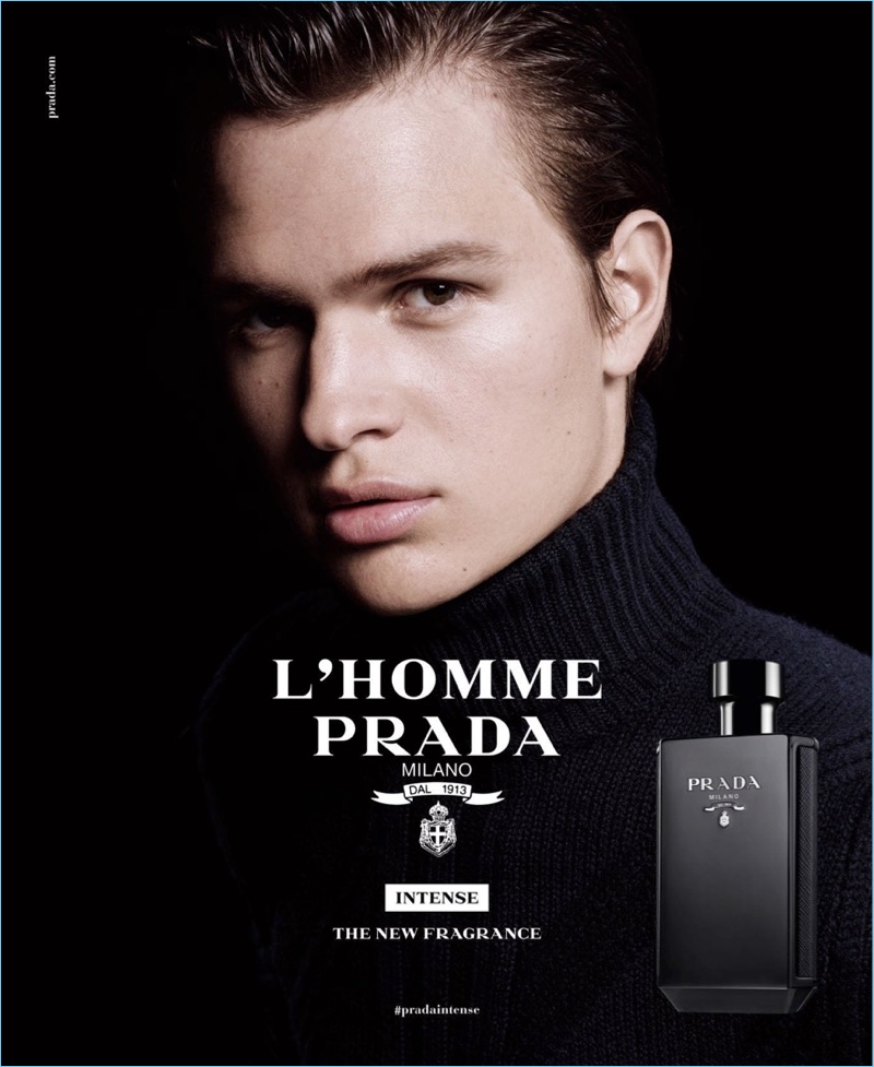 Ansel Elgort reunites with Prada for its L'Homme Intense fragrance campaign.