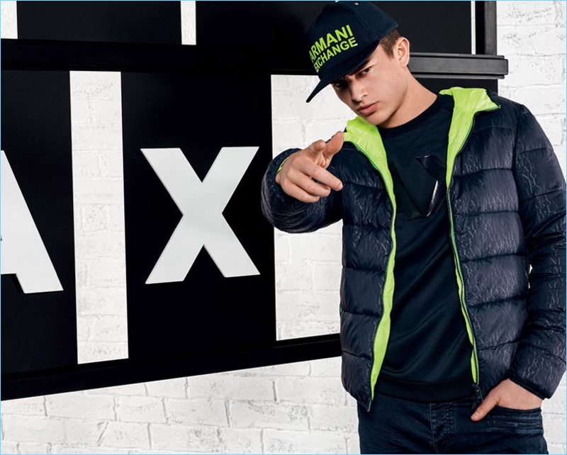 Brian Altemus models a sporty look from Armani Exchange's fall-winter 2017 collection.