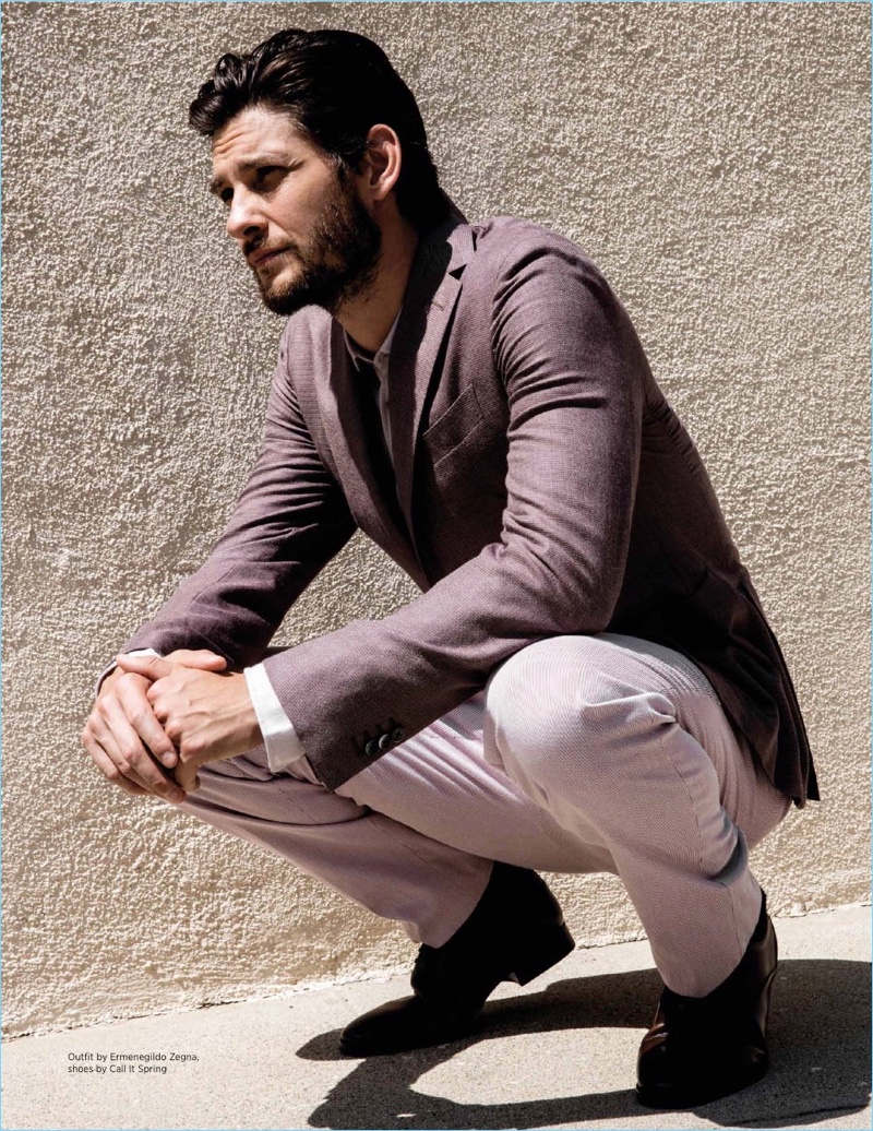Basking in the LA sun, Ben Barnes wears tailoring by Ermenegildo Zegna with Call It Spring shoes.