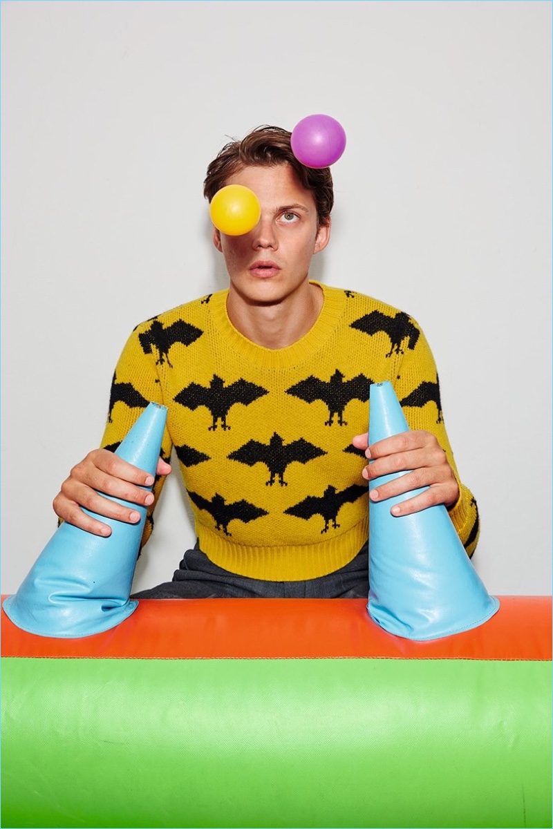 Embracing a pop of color, Bill Skarsgård rocks Gucci.