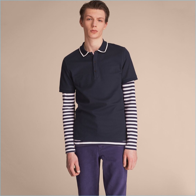 Burberry Striped Collar Cotton Piqué Polo Shirt