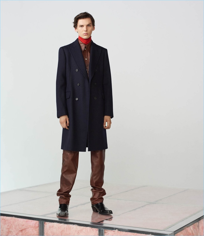 Make a leather statement in Calvin Klein 205W39NYC's leather western shirt $2,495 and leather pants $2,495. Finish the look with the label's moleskin coat $1,995, turtleneck shirt $295, and Spazzolato leather cowboy boots $1,395.