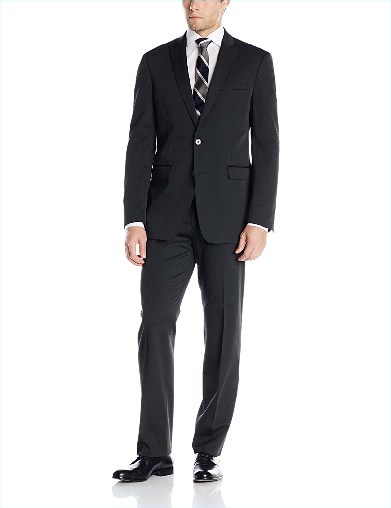Calvin Klein Black Pinstriped Two Button Wool Suit with Flat Front Pants