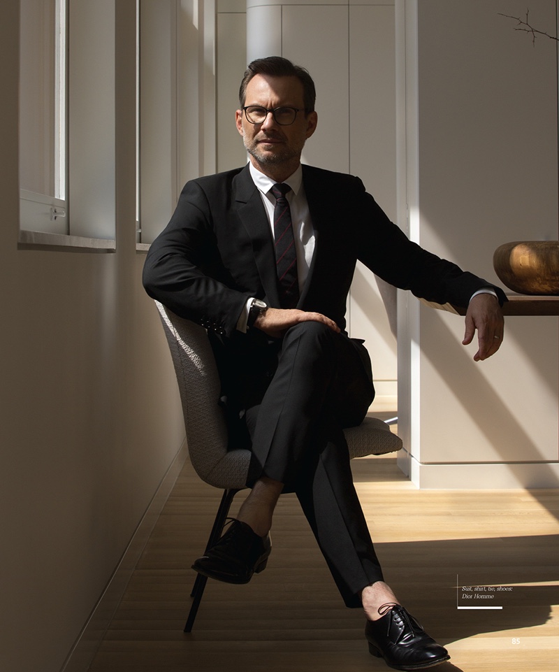 Suiting up, Christian Slater wears Dior Homme for the pages of Haute Living.