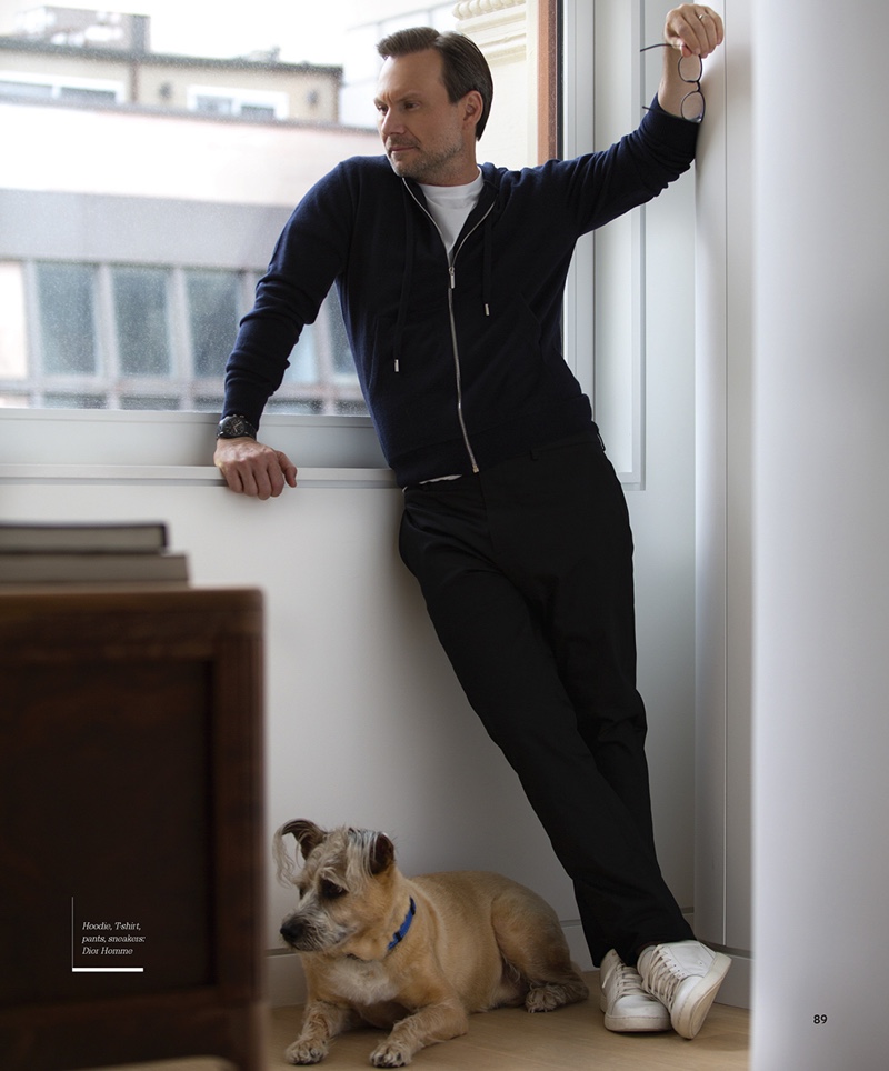 Connecting with Haute Living, Christian Slater goes casual in Dior Homme.