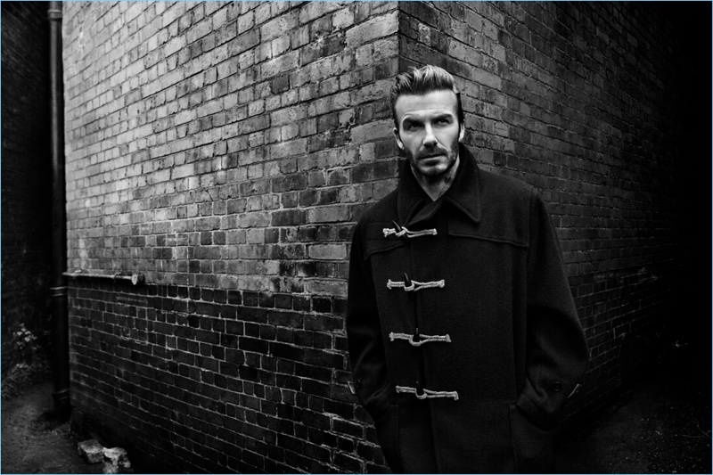 Appearing in a black and white image, David Beckham fronts Kent & Curwen's fall-winter 2017 campaign.