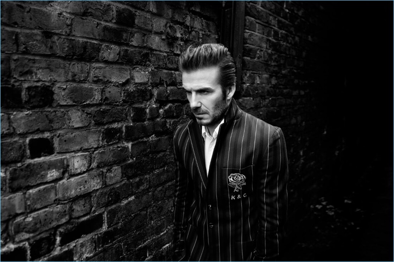 Going preppy, David Beckham wears a striped blazer for Kent & Curwen's fall-winter 2017 campaign.