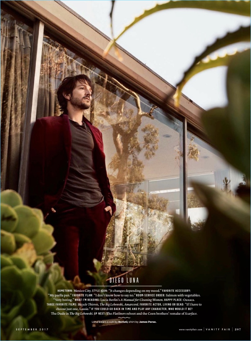 Diego Luna wears a Berluti velvet suit with a James Perse t-shirt.