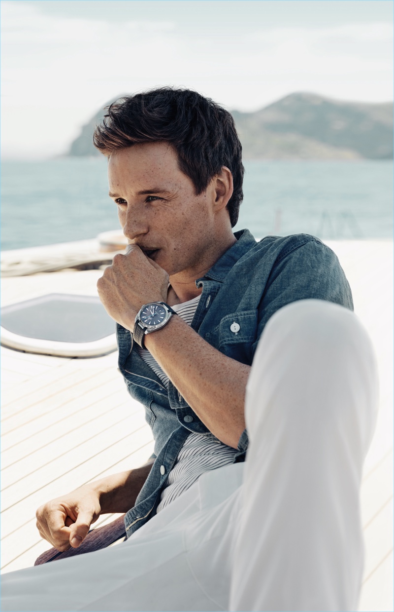 Relaxing, Eddie Redmayne stars in Omega's Seamaster Aqua Terra campaign.