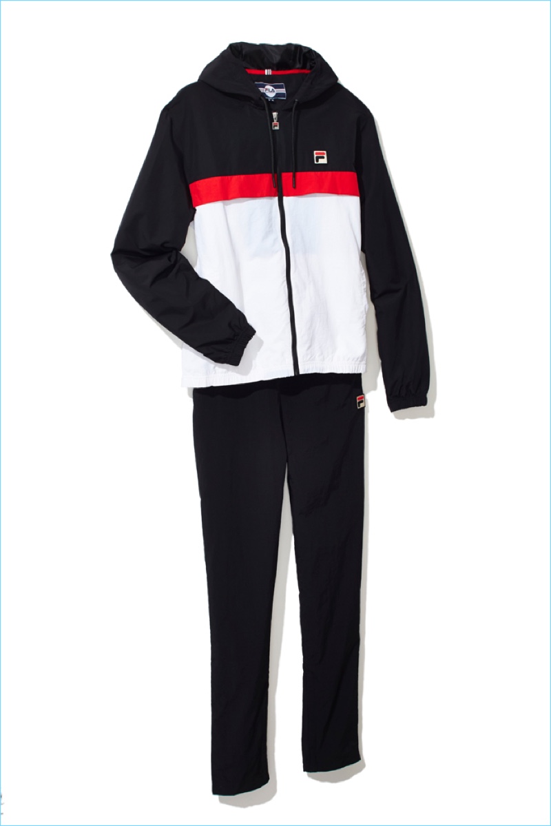 Embrace a sporty attitude with FILA's colorblocked track jacket $165 and tapered track pants $125.