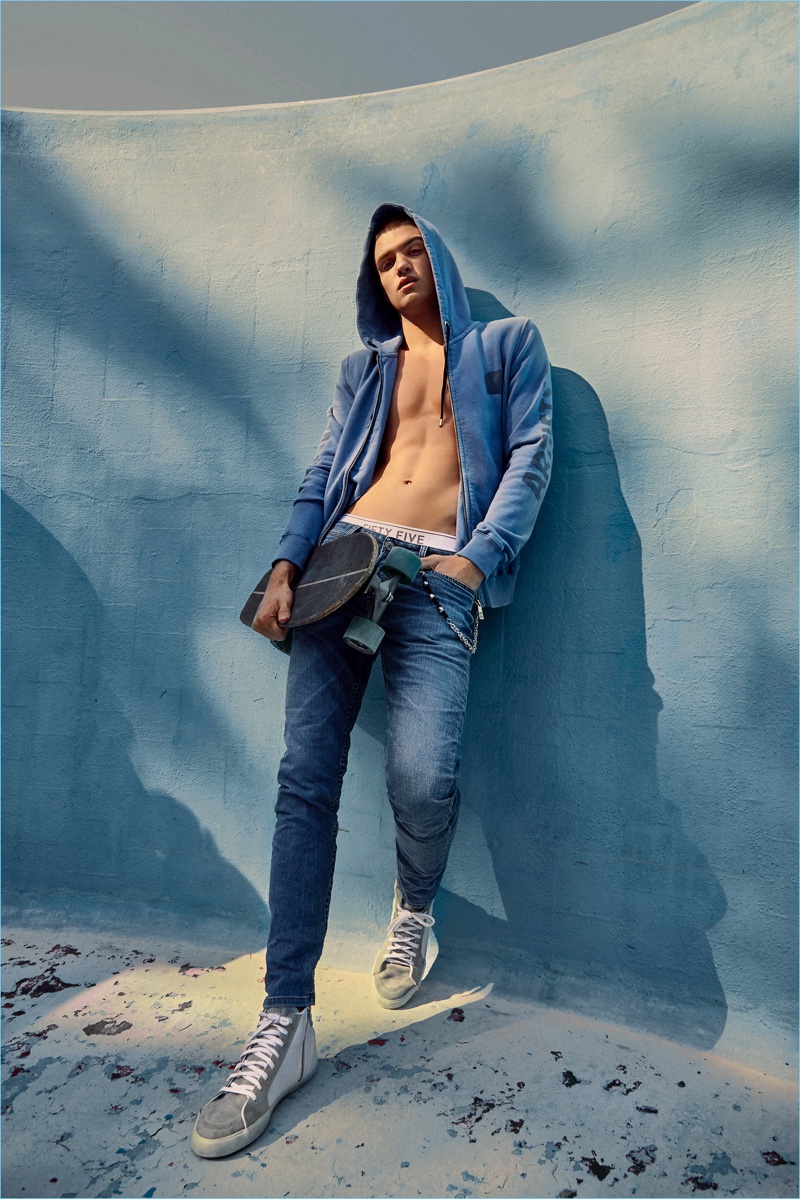 Channeling a skater, Gianluca Alessi stars in Fifty Five's spring-summer 2018 campaign.