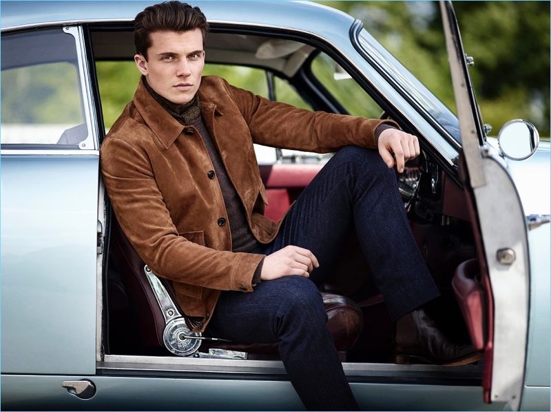 Samuel Tingman sports a brown suede jacket for Gieves & Hawkes' fall-winter 2017 campaign.
