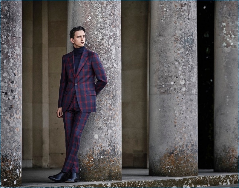 Making a case for check suiting, Alex Dunstan appears in Gieves & Hawkes' fall-winter 2017 campaign.