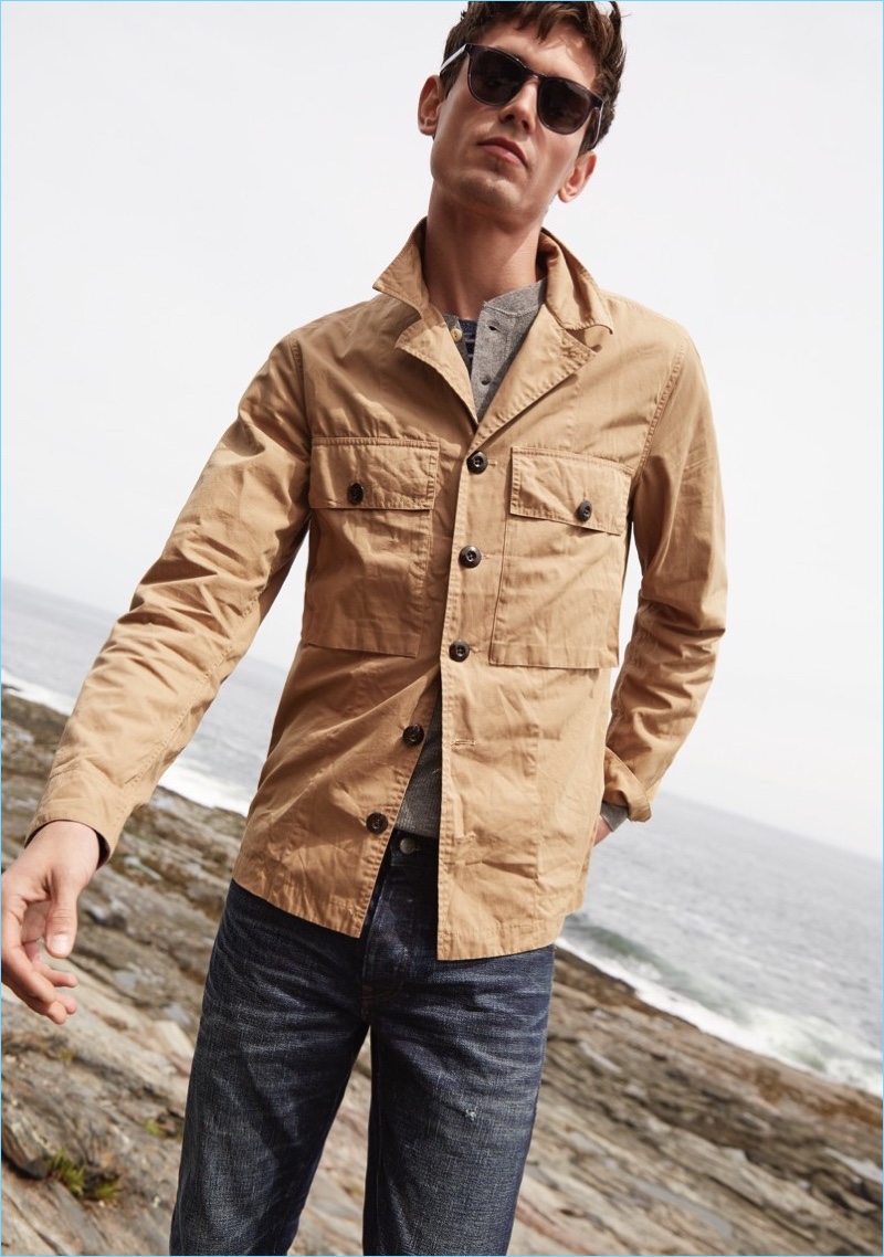 Tackle military style with this Wallace & Barnes military shirt $138 in khaki. Take a style note from J.Crew and pair it with the brand's henley sweater $79.50, Chester sunglasses $118, and 484 slim washed selvedge stretch jeans $175.
