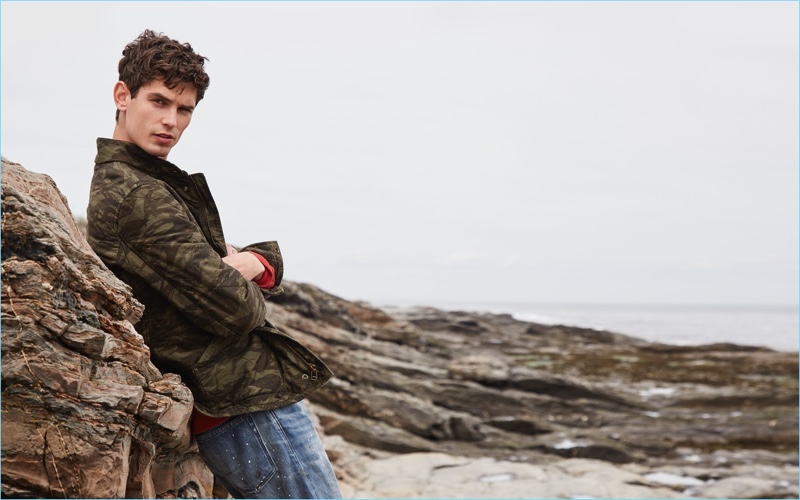 Channel a rugged spirit with J.Crew's Sussex quilted jacket $198 in camouflage. Complete the look with a red French terry sweatshirt $69.50 and 770 straight distressed jeans $138 in paint splatter.