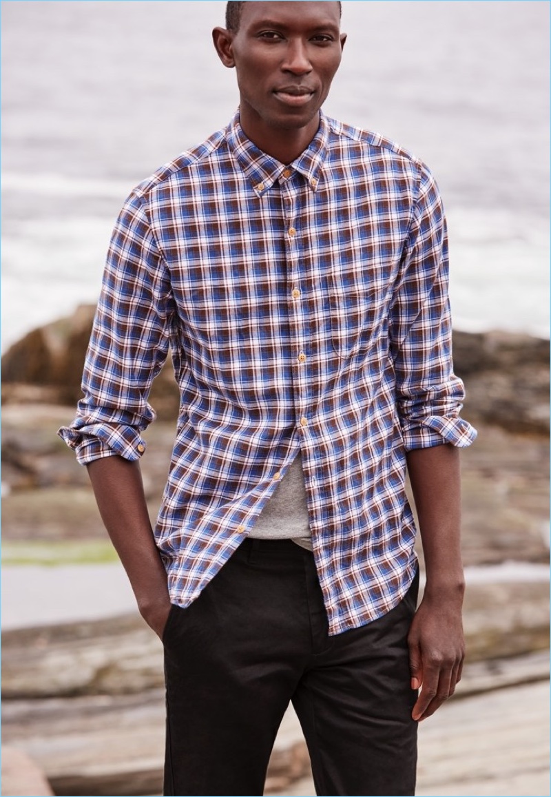 Go casual with J.Crew's slim brushed twill plaid shirt $79.50. Portuguese model Armando Cabral wears it with J.Crew's broken-in t-shirt $24.50 and stretch chinos $68.