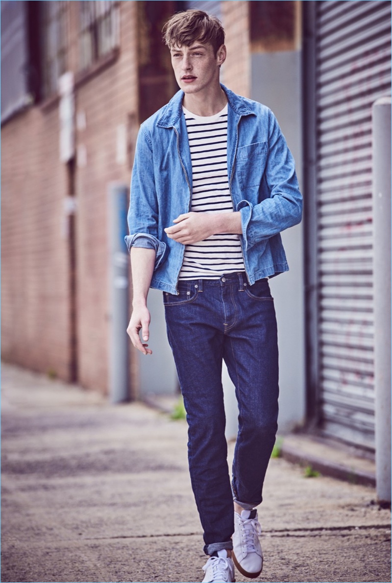 Take a stroll in J.Crew's lightweight denim zip-front overshirt $79.50. It goes great with the brand's striped t-shirt $45, 484 slim stretch indigo jeans $98, and New Balance for J.Crew 891 leather high-top sneakers $85.