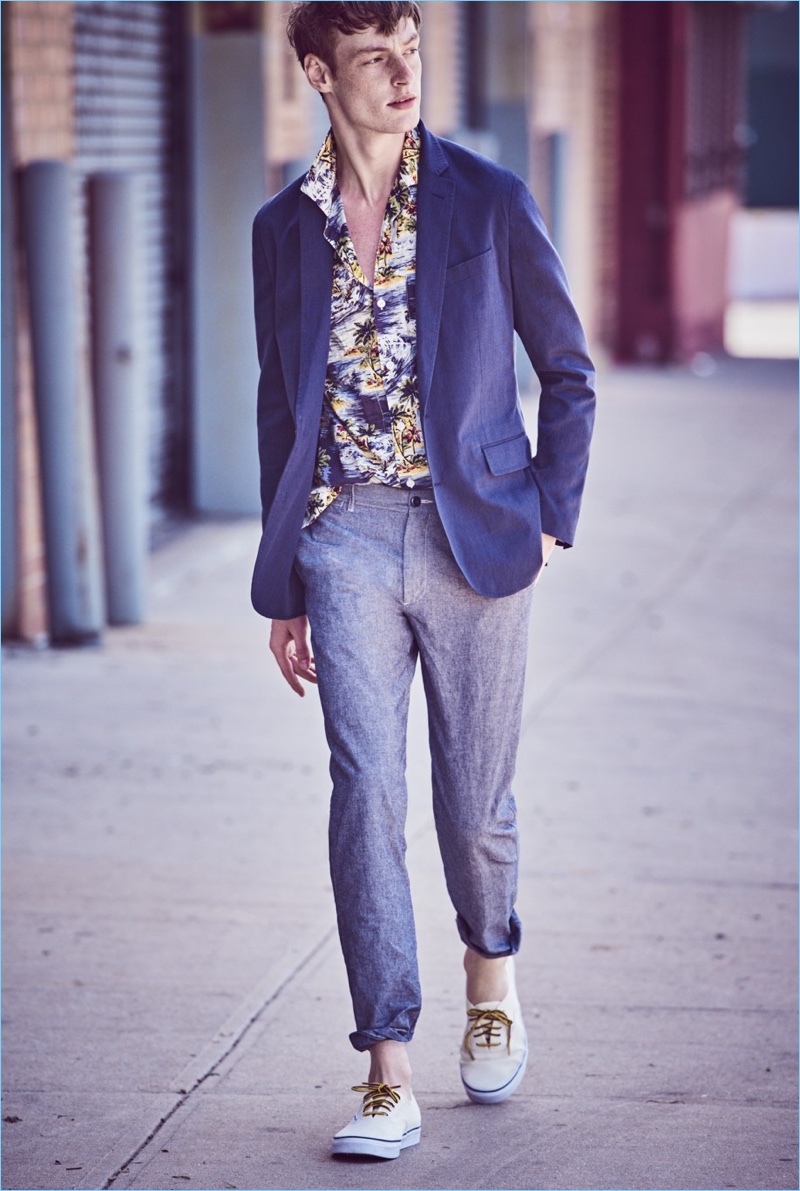 Take a style note from J.Crew and go smart casual. The label livens up its unstructured Ludlow blazer $168 with a short-sleeve wave print camp-collar shirt $59.50. Complete the look with J.Crew's chambray stretch chinos $75, and Vans for J.Crew sneakers $60.