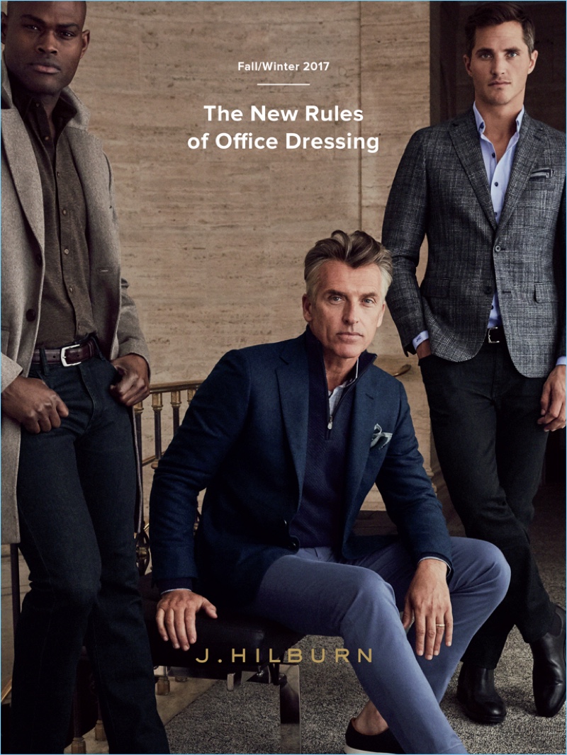 Models Oraine Barrett, John Pearson, and Ollie Edwards come together for J.Hilburn's fall-winter 2017 catalogue.