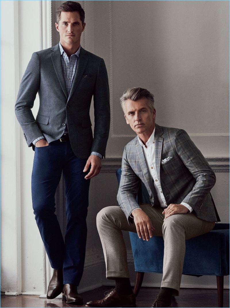 Models Ollie Edwards and John Pearson wear smart tailored separates by J.Hilburn.