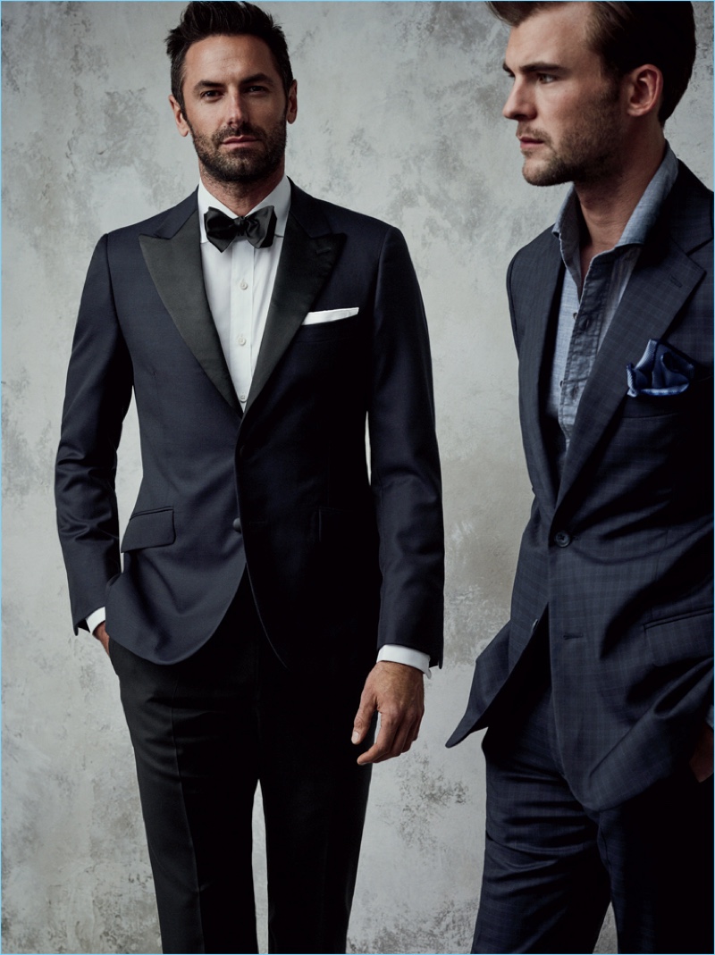 Josh Wald and Patrick Kafka don trim suiting from J.Hilburn's fall-winter 2017 collection.