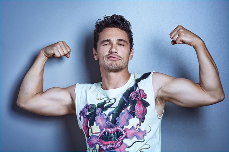 Flexing, James Franco rocks a Gucci t-shirt.